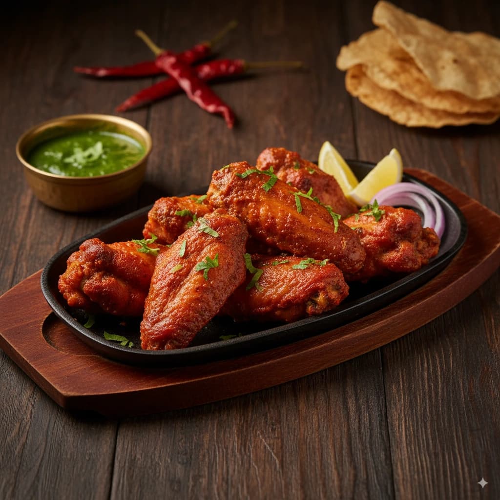 Tandoori wings served with chutney and fresh garnishes
