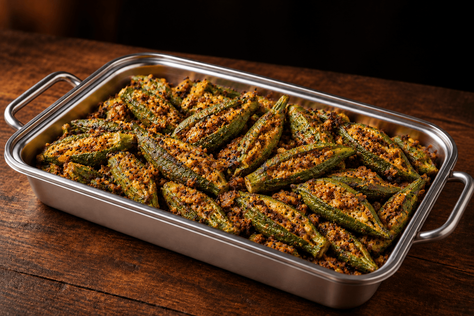 Kalonji Bhindi Tray, party tray catering selection at India Oven in Citrus Heights